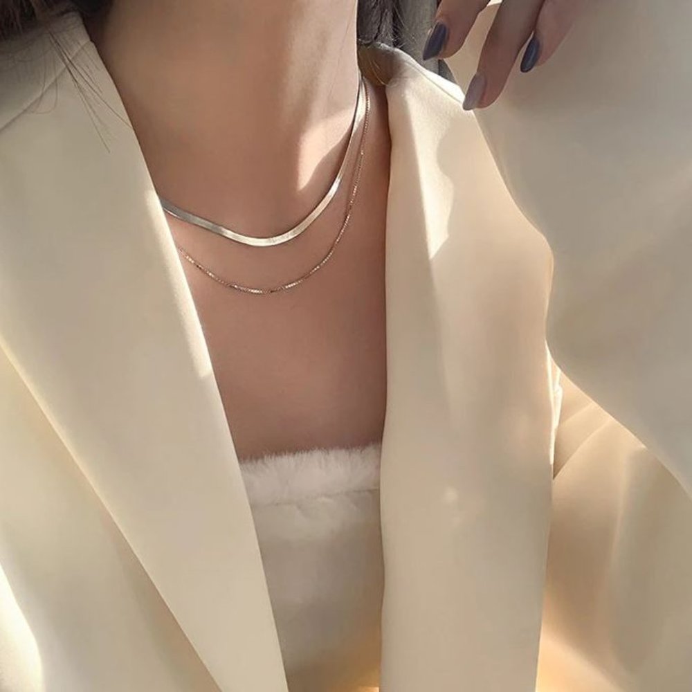 Silver Snakechain Layered Herringbone Necklace - Picture 6 of 8